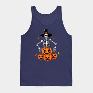 Skeleton with Top Hat and Pumpkins Tank Top